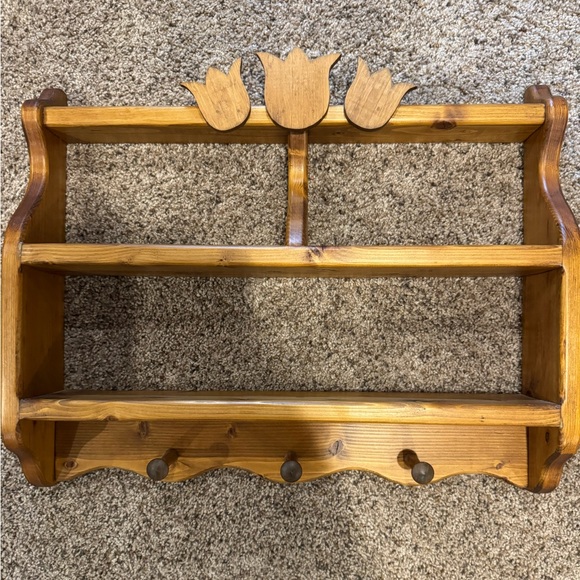 Vintage Other - Rustic Wooden Wall Shelf Tulip Cutout Hooks Cottage Farmhouse 20”